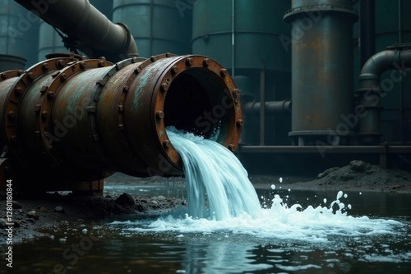Fototapeta Rusty Pipe Discharging Effluents into a Pool of Water at an Industrial Facility