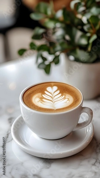 Fototapeta A beautifully crafted latte with latte art, resting on a marble table.