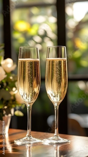 Fototapeta Two elegant champagne flutes filled with bubbly drink in a soft-lit setting.