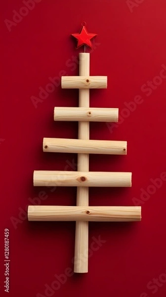 Fototapeta Minimalist wooden Christmas tree with a red star against a festive red background.