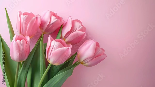 Fototapeta Five Pink Tulips on a Soft Pink Background