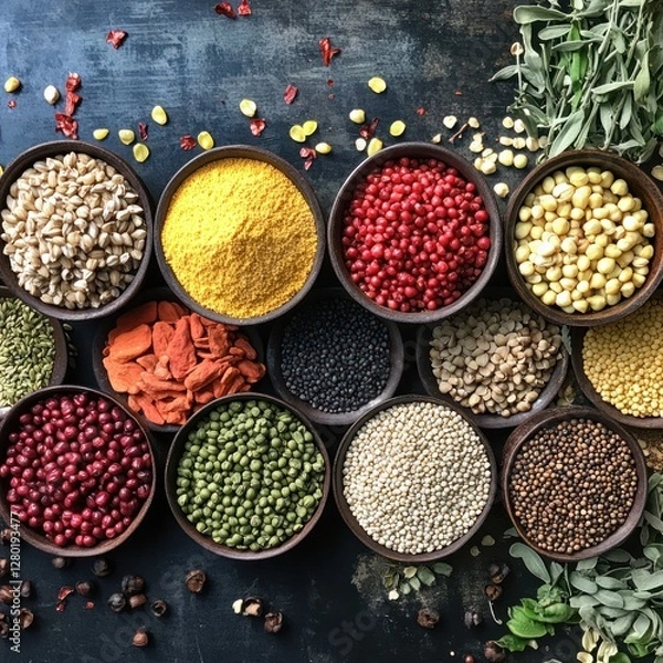 Fototapeta Aromatic Spice Collection: Diverse and Vibrant Assortment of Spices in Bowls