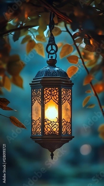 Fototapeta Elegant lantern glowing amidst lush foliage in a tranquil evening setting.