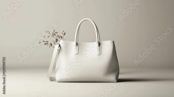 Fototapeta White leather tote bag with minimalist aesthetic, featuring a subtle dried plant branch.