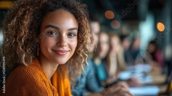 Obraz Smiling woman cafe friends background teamwork