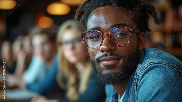 Obraz Confident student studying in library; blurred classmates