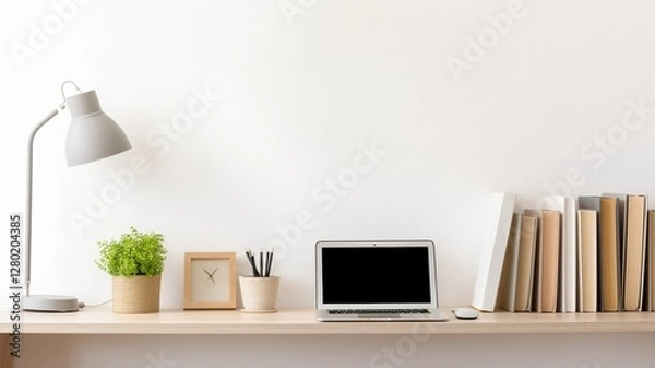 Fototapeta A serene workspace bathed in soft light, featuring a laptop, books, and a small plant, creating a calm and productive atmosphere.