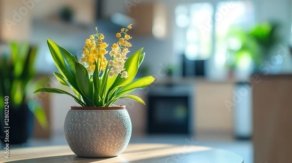 Fototapeta A bright room with a table featuring a vibrant yellow lily of the valley in a pot. Blurred home appliances in the background create a peaceful and modern living space, ideal for home decor concepts.