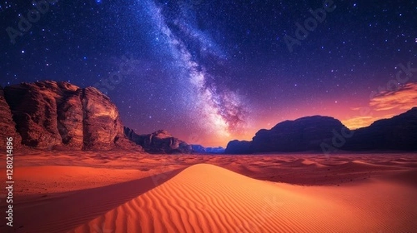 Fototapeta Majestic View of Wadi Rum Desert Under a Starry Sky in Jordan's Valley of the Moon at Twilight