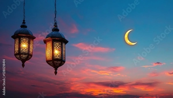 Fototapeta Ornate Hanging Lanterns and Crescent Moon at Sunset