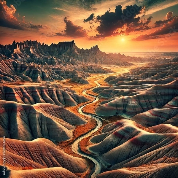 Fototapeta Badlands An arid region with deeply eroded winding and steeply w