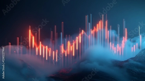 Obraz Abstract city skyline graph in neon light mountains