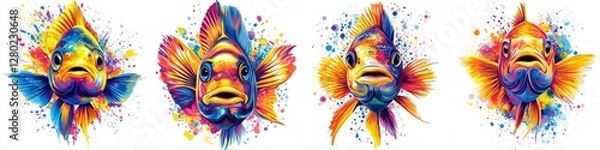 Fototapeta Vivid and Energetic Watercolor Fish Portraits in a Harmonious Multi Colored Array on White Background