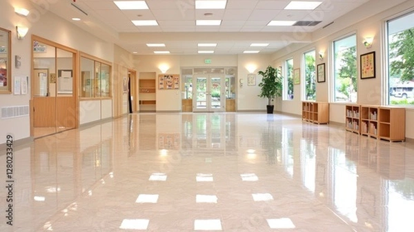 Fototapeta Bright school hallway, spacious lobby, natural light, learning environment, educational setting