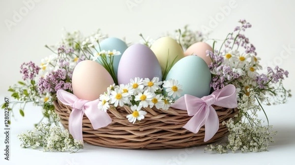 Fototapeta A collection of pastel-colored Easter eggs arranged in a woven basket, adorned with decorative ribbons and fresh spring flowers, isolated against a white background with ample copy space.