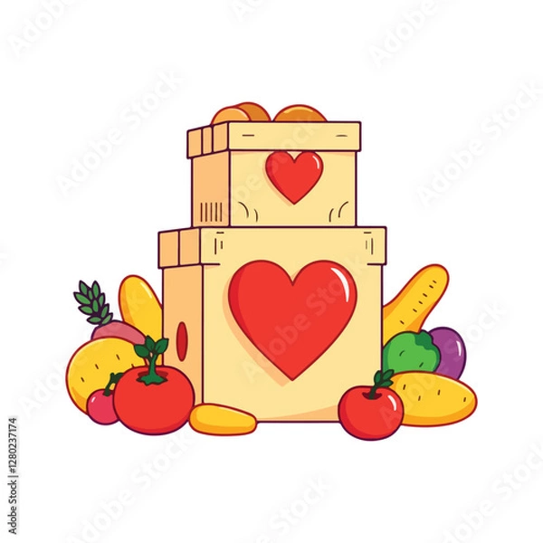 Obraz Food donations in cardboard boxes with hearts, symbolizing care and giving.