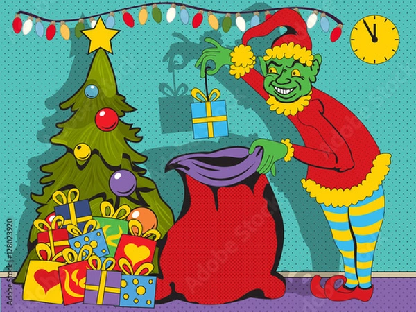 Fototapeta Bad elf collecting gifts under the Christmas tree