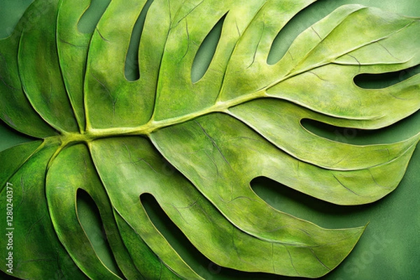 Fototapeta Close-up of a vibrant green Monstera deliciosa leaf, showcasing its unique texture and fenestrations.