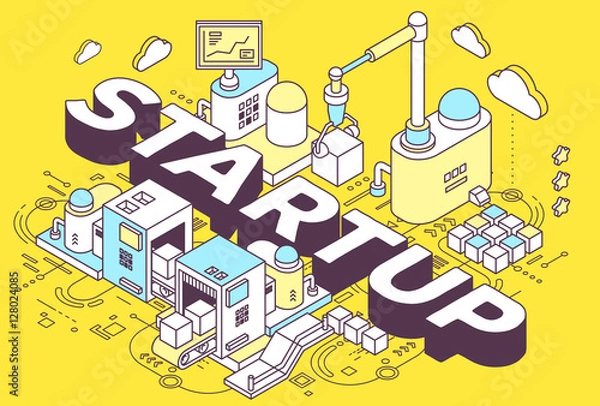 Obraz Vector illustration of word startup and three dimensional mechan