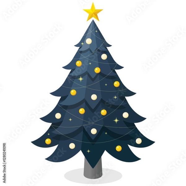Fototapeta Simple green Christmas tree with colourful presents seasonal theme concept flat design isometric illustration, vector ui interface elements for icon app web banner card isolated on white background