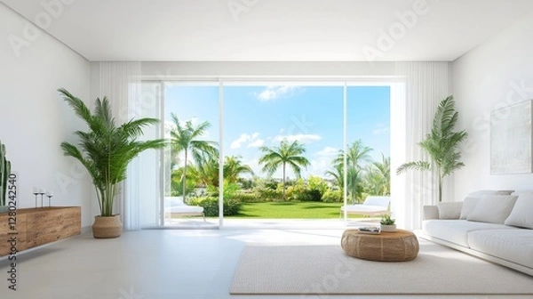 Obraz Bright Modern Living Room with Large Windows and Lush Outdoor View