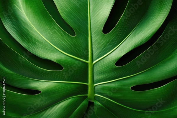 Fototapeta Close-up of a vibrant green Monstera deliciosa leaf, showcasing its unique fenestrations and texture.
