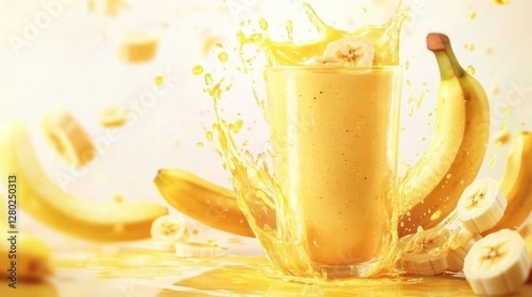 Fototapeta This photo shows an illustration of a banana smoothie with splashes and bananas on the table