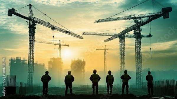 Fototapeta Silhouette of construction workers and cranes during sunrise. Workers in engineering and industry gear build structures. Teamwork leads the building development process.