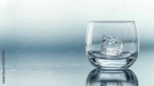 Fototapeta Single Ice Cube in Glass Cup with Water Droplets on a Gray Reflective Surface