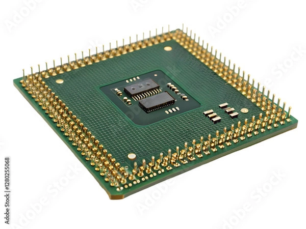 Fototapeta Close Up of Microprocessor on Green Circuit Board with Gold Pins