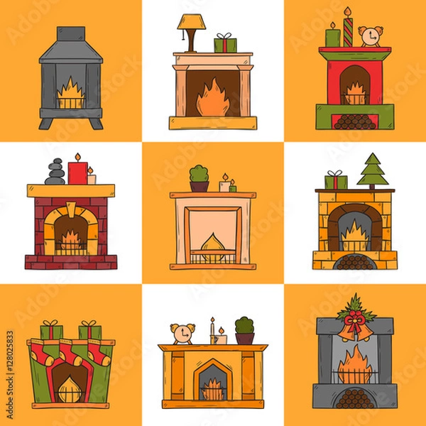 Obraz Vector cartoon hand drawn fireplaces icon set