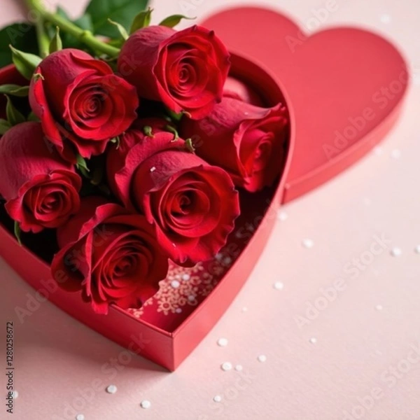Obraz Close-up of red roses with a heart-shaped gift box , rose, red, gift