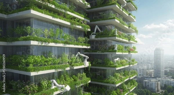 Fototapeta Lush Vertical Ecosystem: A Symbiotic Fusion of Architecture and Nature in the City