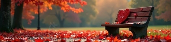 Obraz Crimson leaves swirl around heart bench; park scene , fall, image, park