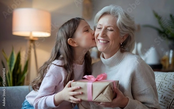 Fototapeta A photo of a daughter kissing her mother on the cheek while presenting a wrapped gift generated by AI
