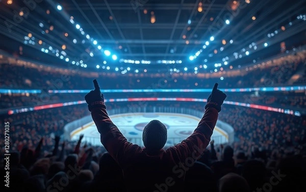 Fototapeta A passionate hockey fan raises their arms in excitement, celebrating in a crowded arena with bright lights and an intense atmosphere.  
