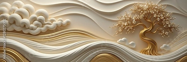 Fototapeta Elegant textured landscape with golden tree and swirling cloud in relief sculpture style

