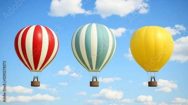 Fototapeta Whimsical hot air balloons ascending into the sky colorful striped balloons floating dreamlike under the bright blue sky against puffy clouds