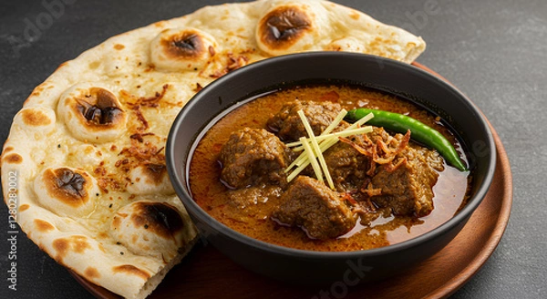 Fototapeta Nihari with Tandoori Naan Bread on Wooden Plate