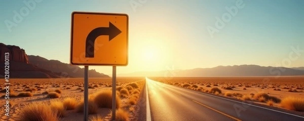 Obraz Brown desert road sign with curve arrow, sun glare , design, background, icon