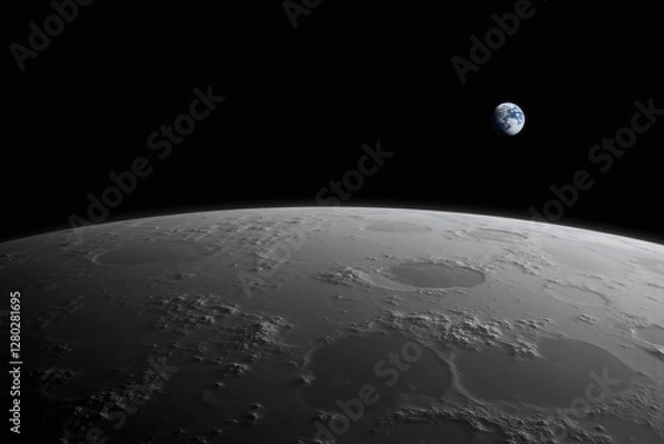 Fototapeta black and white photo of moon surface with Earth visible in corner