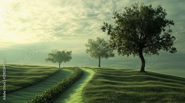 Fototapeta A path winds through a grassy field with three trees in the foreground. The sky is cloudy and the sun is setting, creating a peaceful and serene atmosphere