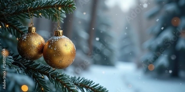 Obraz Ornate golden ornaments on a frosted evergreen branch, bare trees, snowflakes, nature scenery