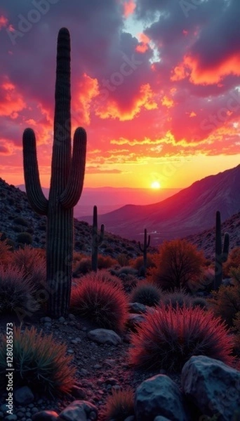 Obraz Jagged saguaro cacti pierce a vibrant sunset sky , mountains, USA