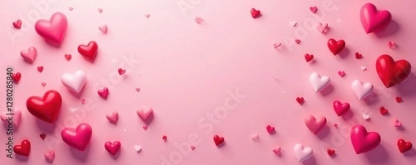 Obraz Scattered hearts, varying sizes and shades of red, pink, and white on a soft pink backdrop , romantic, celebration, heart shapes