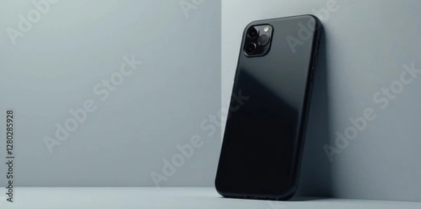 Obraz Sleek black phone case, minimalist grey backdrop, design, gadget