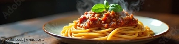 Obraz Steaming plate of spaghetti with bolognese sauce, savory, flavorful