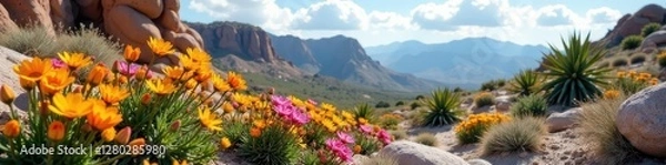 Obraz Spring wildflowers bloom amidst cacti and rocky desert landscape, sky, springtime, background