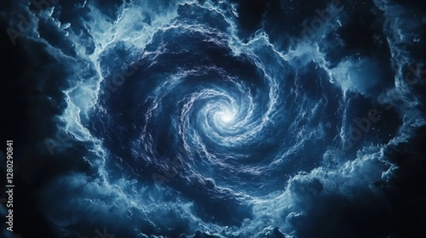 Obraz Swirling blue galaxy enveloped in dark clouds captures the wonder of cosmic formations in the universe's vastness