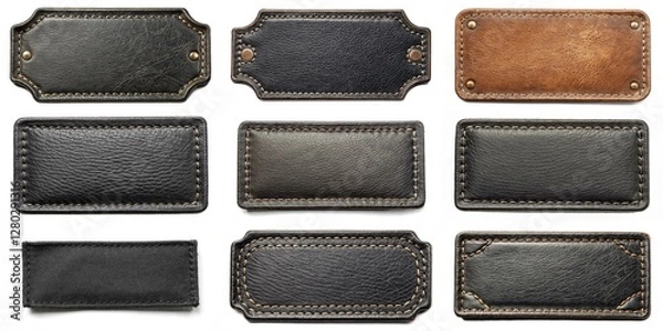 Fototapeta A collection of leather tags with different designs and colors. The tags are all black and have a leather texture